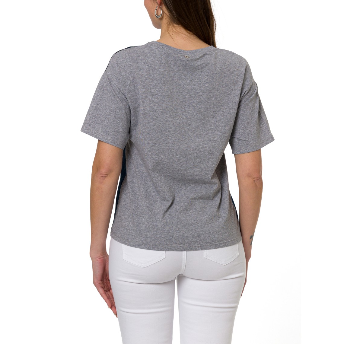 T-shirt con stampa denim e applicazioni gioiello Liu Jo