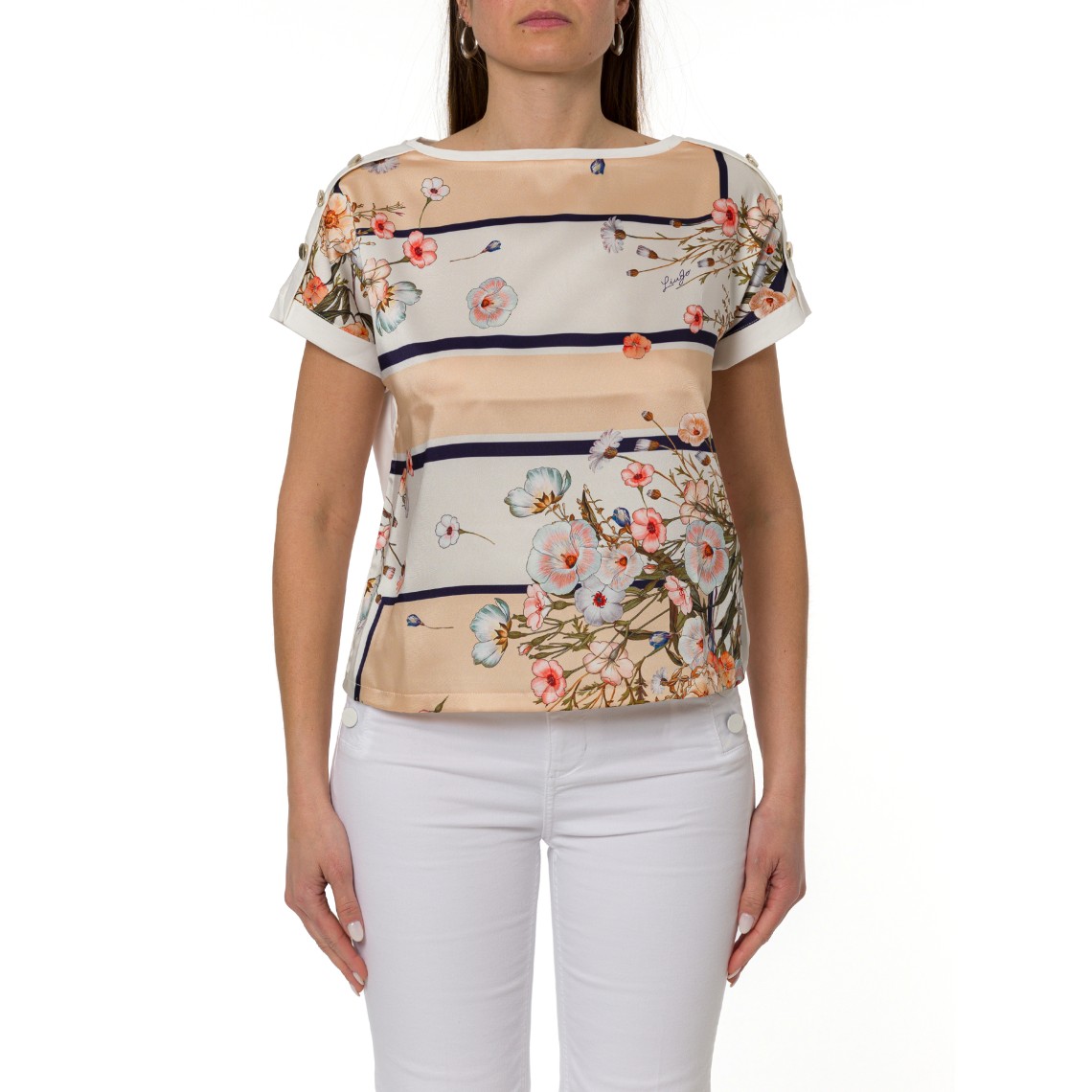 T-shirt con inserto in twill stampato