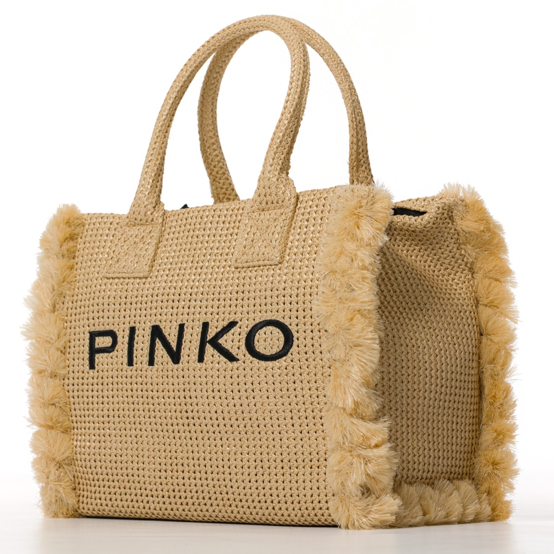 Borsa shopper media Beach in rafia con logo e nappine Pinko