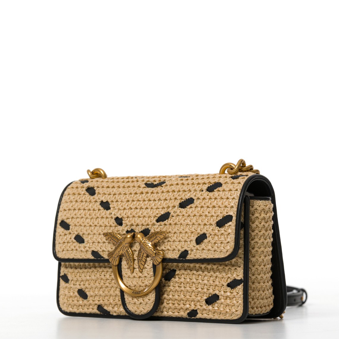 Borsa a mano piccola Mini Love Bag One Light in rafia chevron e pelle Pinko