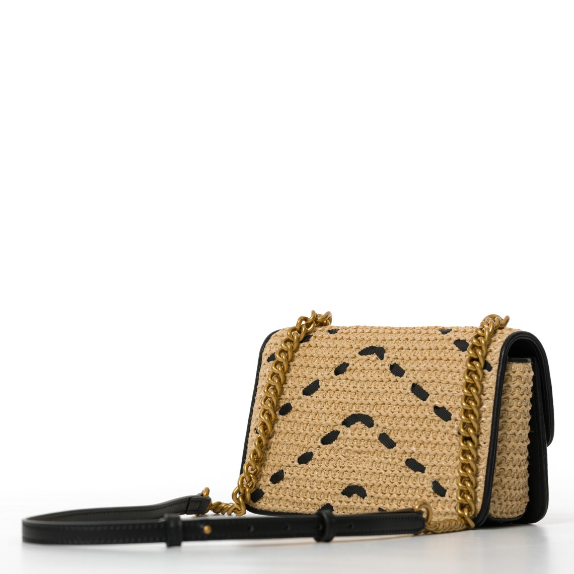 Borsa a mano piccola Mini Love Bag One Light in rafia chevron e pelle Pinko