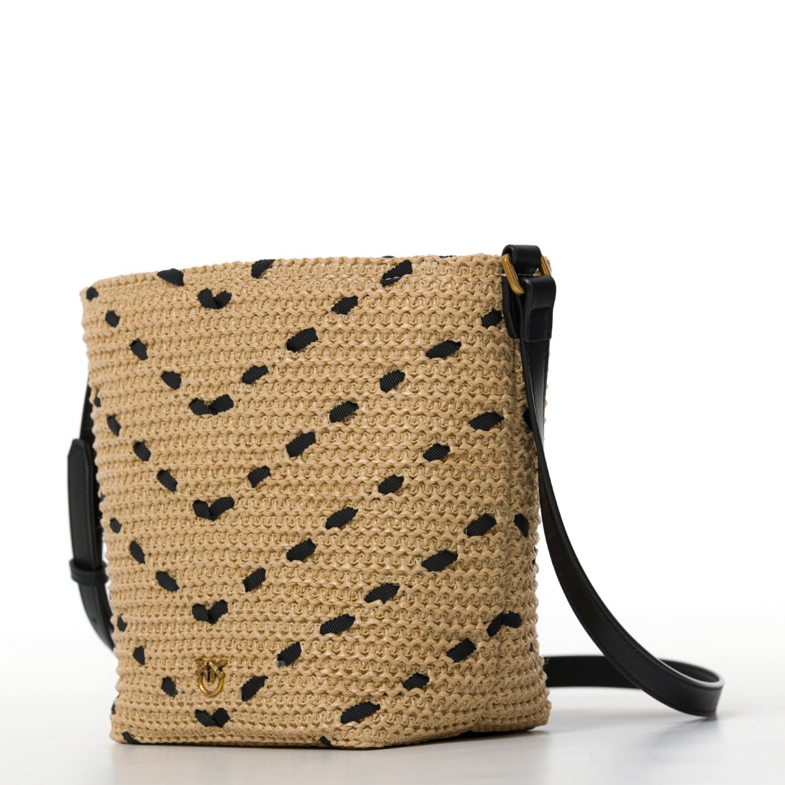 Borsa a tracolla piccola Bucket Mini in rafia con motivo chevron Pinko