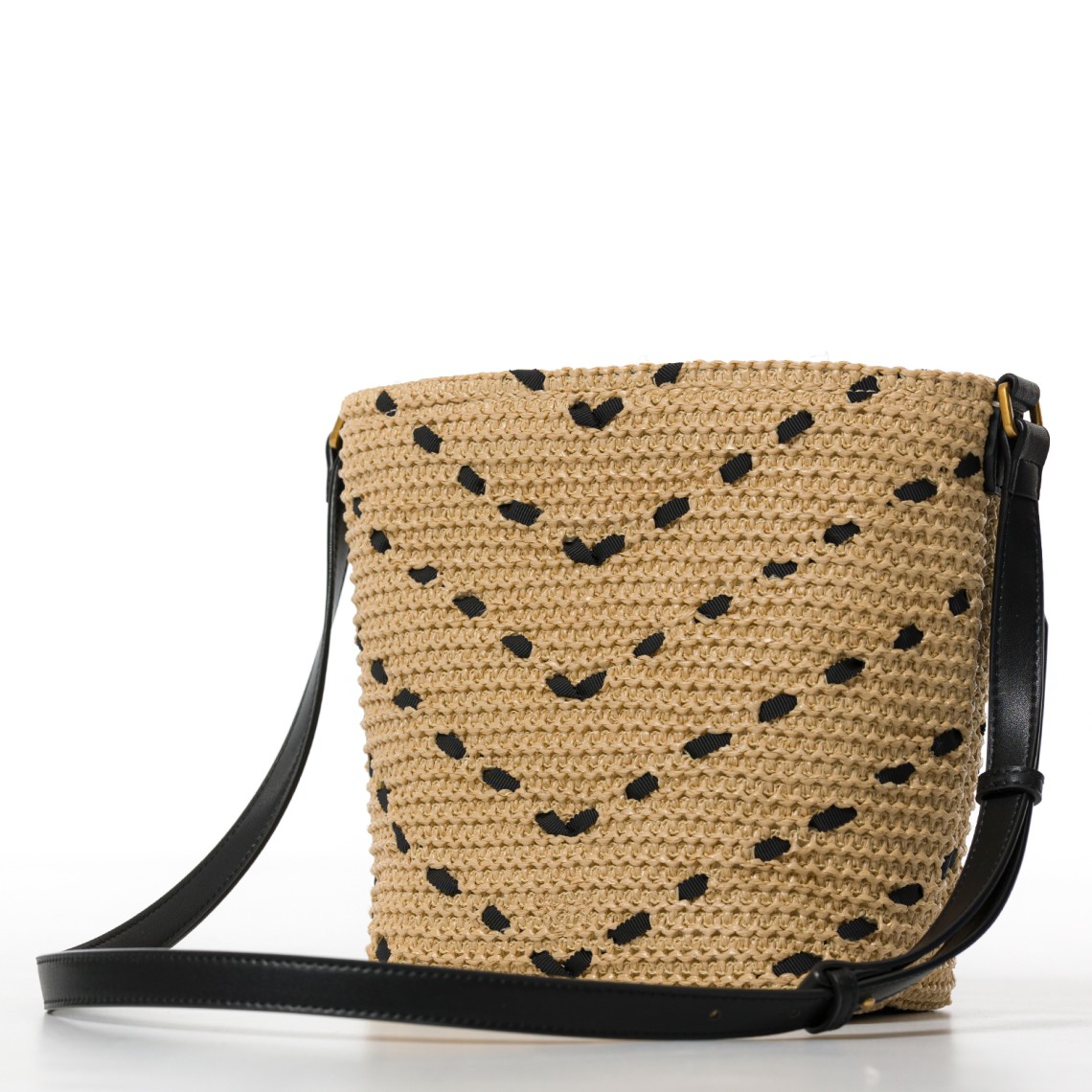 Borsa a tracolla piccola Bucket Mini in rafia con motivo chevron Pinko