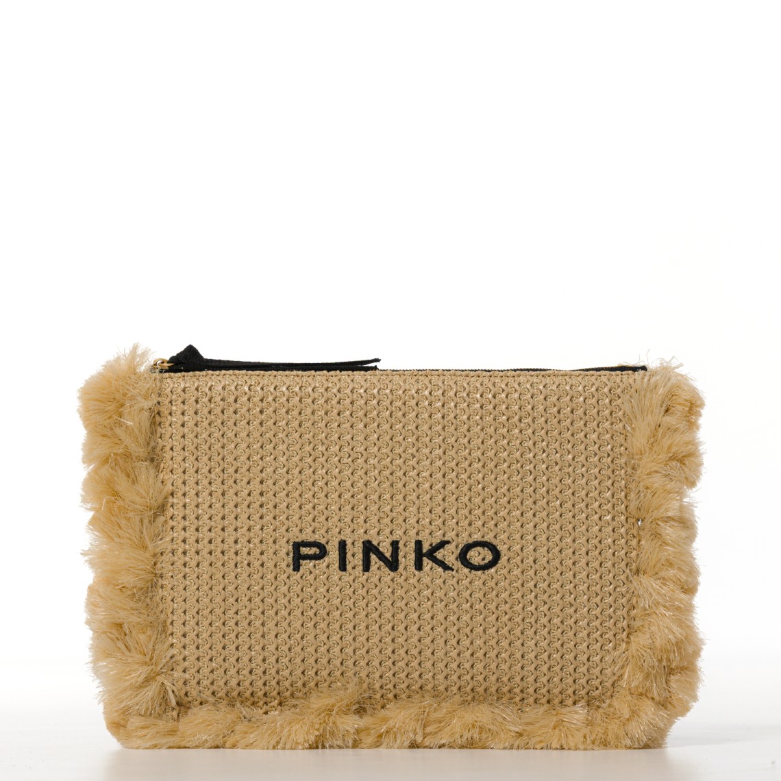 Bustina piccola in rafia con logo e nappine Pinko