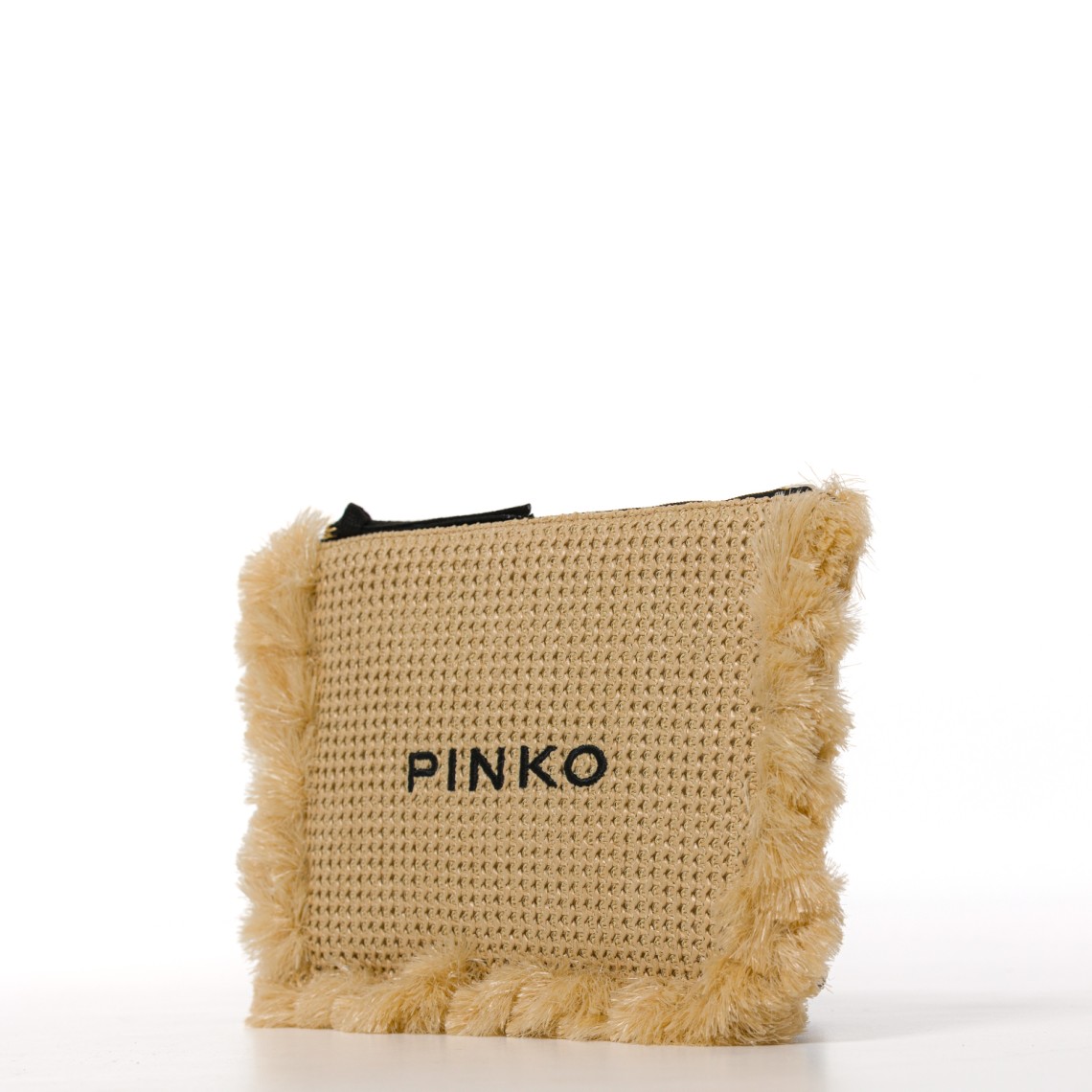 Bustina piccola in rafia con logo e nappine Pinko