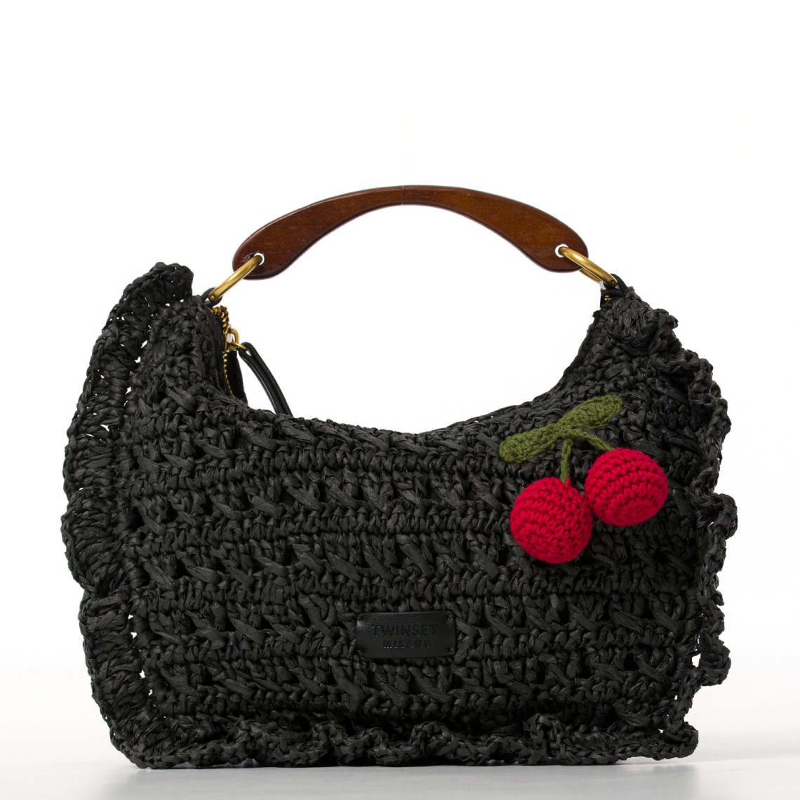 Borsa ‘Croissant’ in rafia crochet con ciliegie Twinset