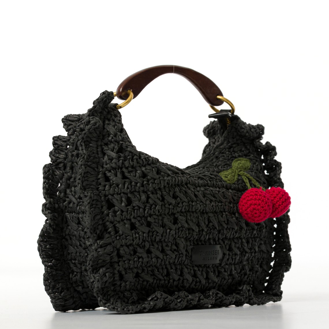 Borsa ‘Croissant’ in rafia crochet con ciliegie Twinset