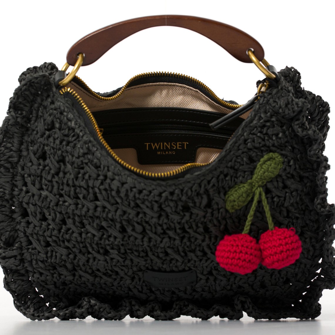 Borsa ‘Croissant’ in rafia crochet con ciliegie Twinset
