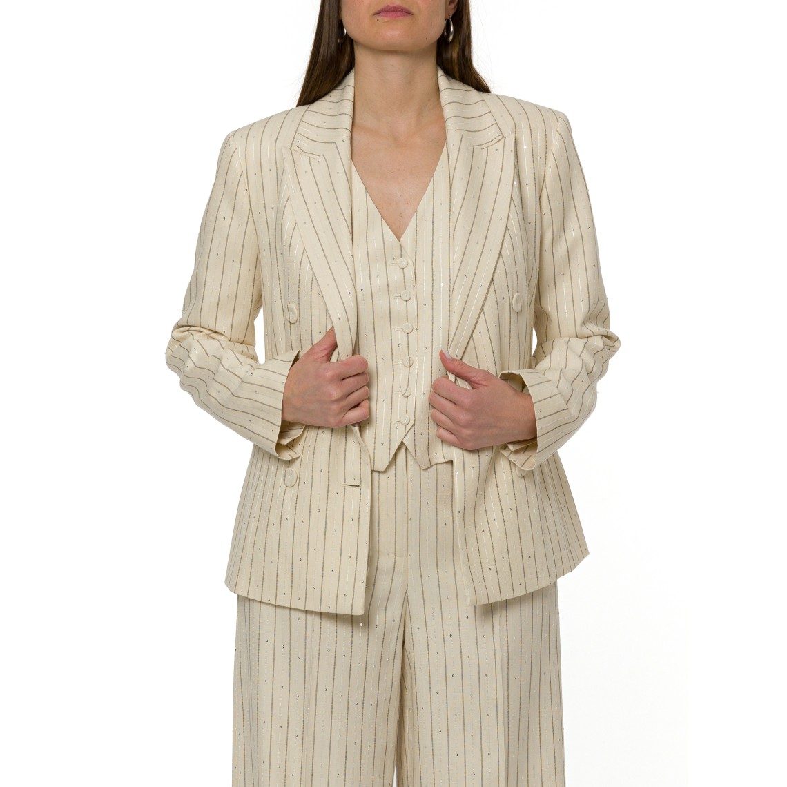 Blazer gessato doppiopetto con paillettes Pennyblack