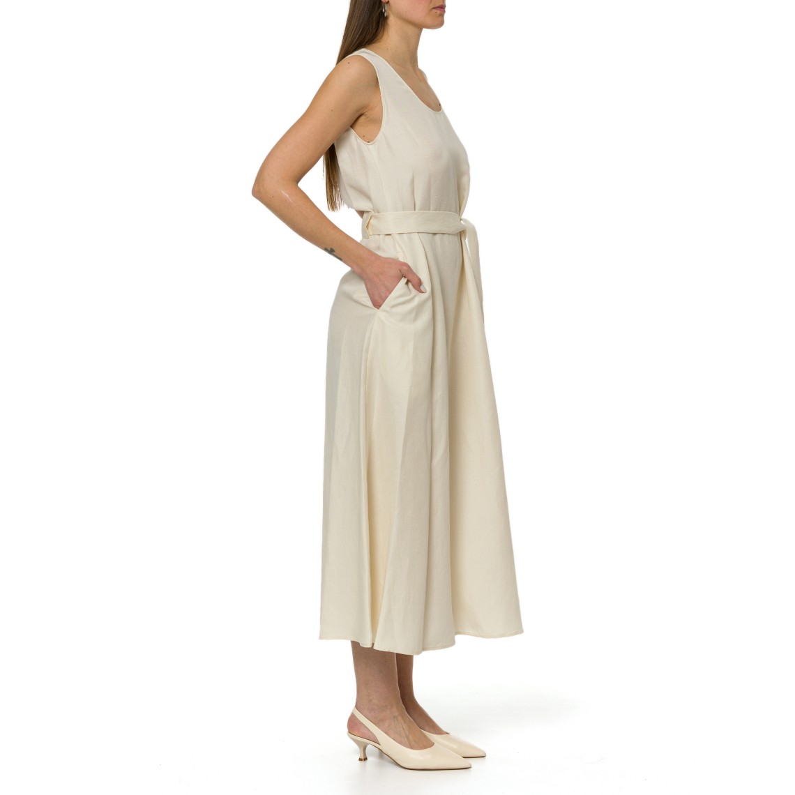 Vestito smanicato in misto lino con cintura Woolrich