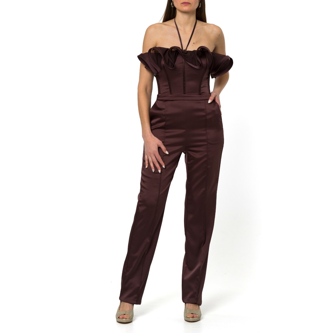 Tuta in raso stretch con maxi ruche Elisabetta Franchi