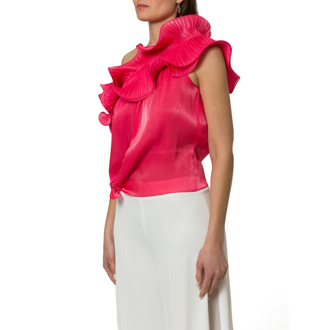 Top monospalla Hanita Couture con volant plissè allo scollo