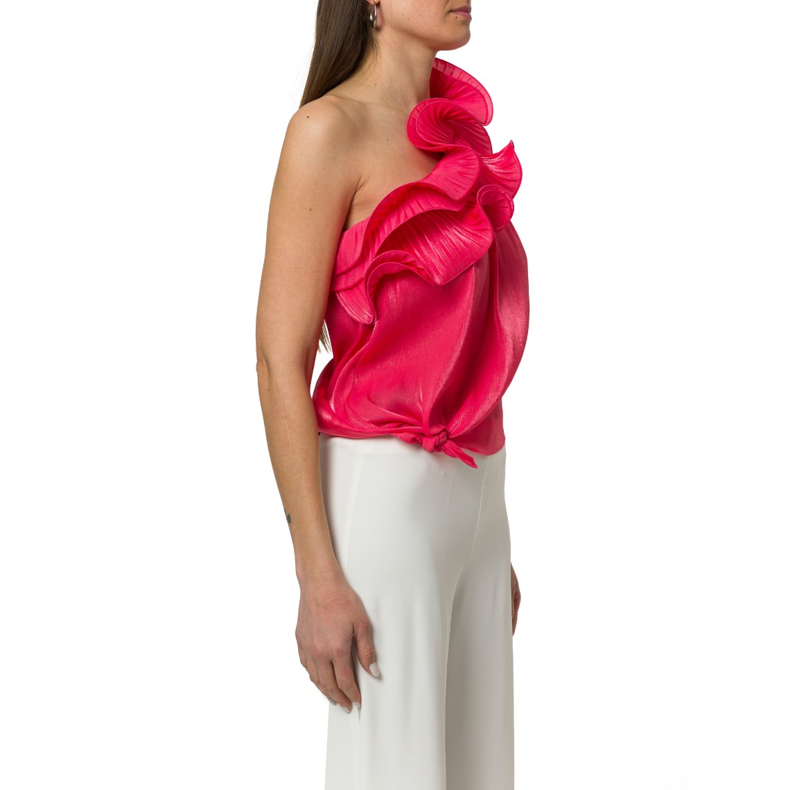 Top monospalla Hanita Couture con volant plissè allo scollo