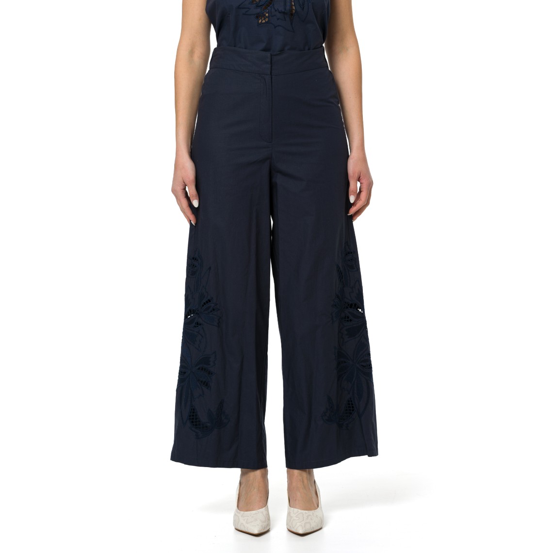 Pantaloni wide-leg in popeline di cotone ricamato i Blues