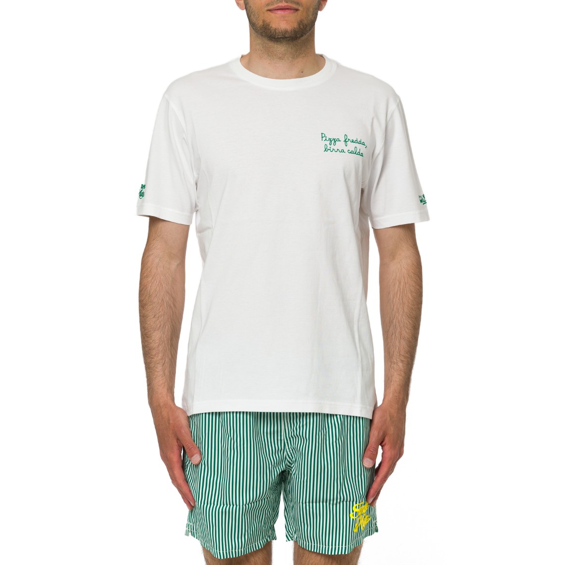 T-shirt Portofino bianca con ricamo Pizza Fredda Birra Calda Mc2 Saint Barth