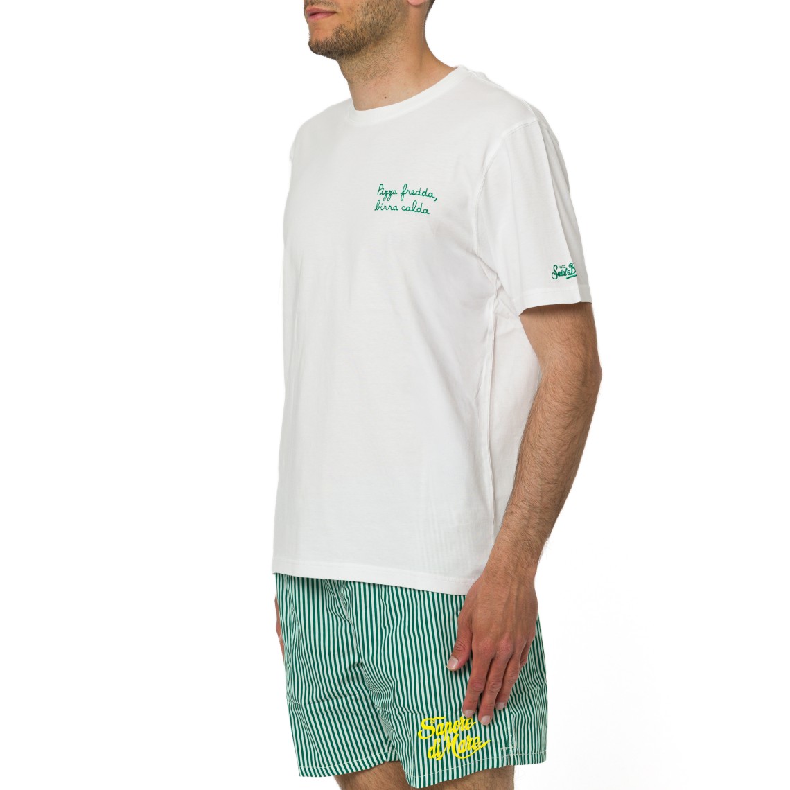 T-shirt Portofino bianca con ricamo Pizza Fredda Birra Calda Mc2 Saint Barth