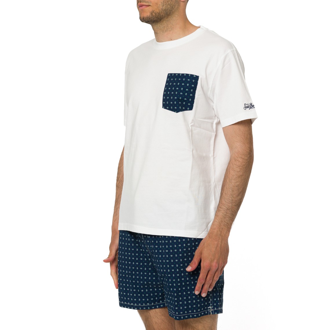 T-shirt Blanche con taschino con stampa paisley Mc2 Saint Barth
