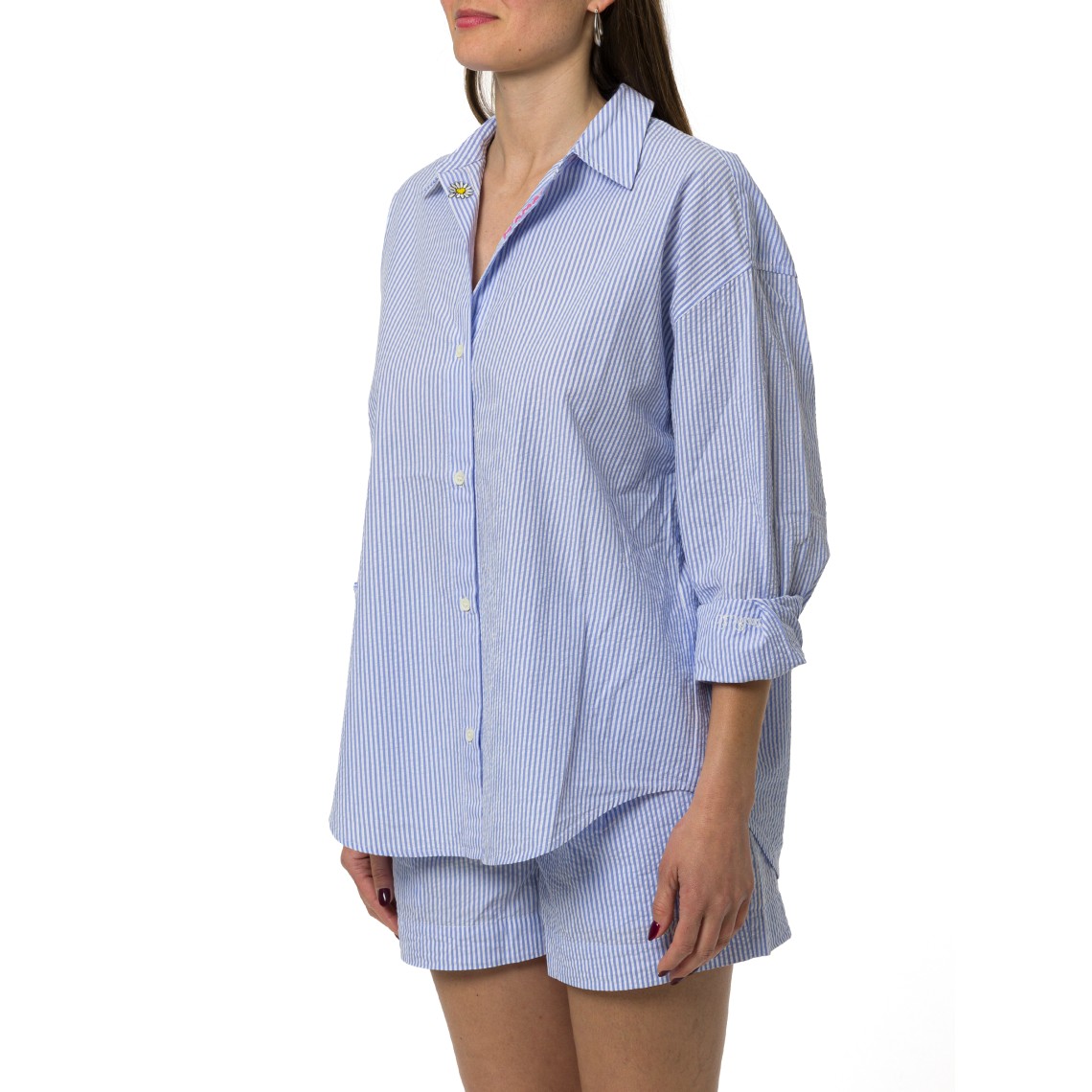 Camicia Cristal in seersucker a righe azzurre con ricami Mc2 Saint Barth