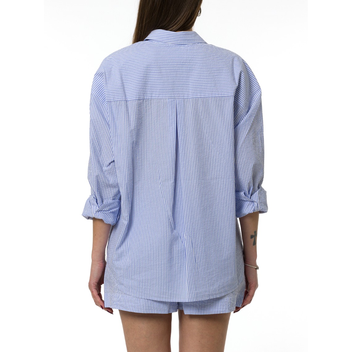 Camicia Cristal in seersucker a righe azzurre con ricami Mc2 Saint Barth