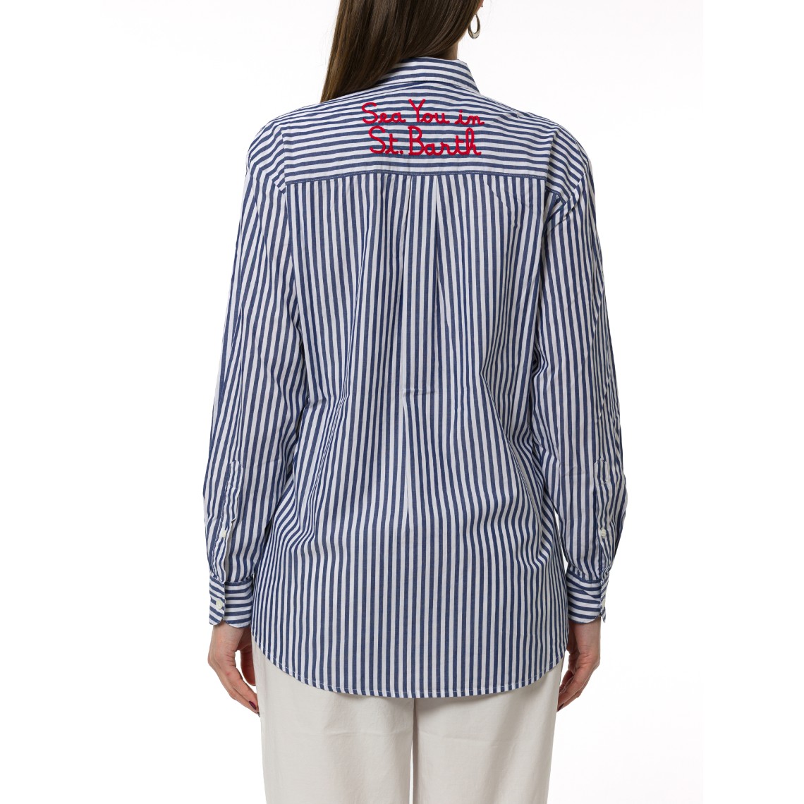 Camicia Brigitte a righe blu con ricamo See You In Saint Barth