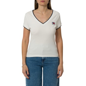 T-shirt a costine con scollo a V Tommy Jeans