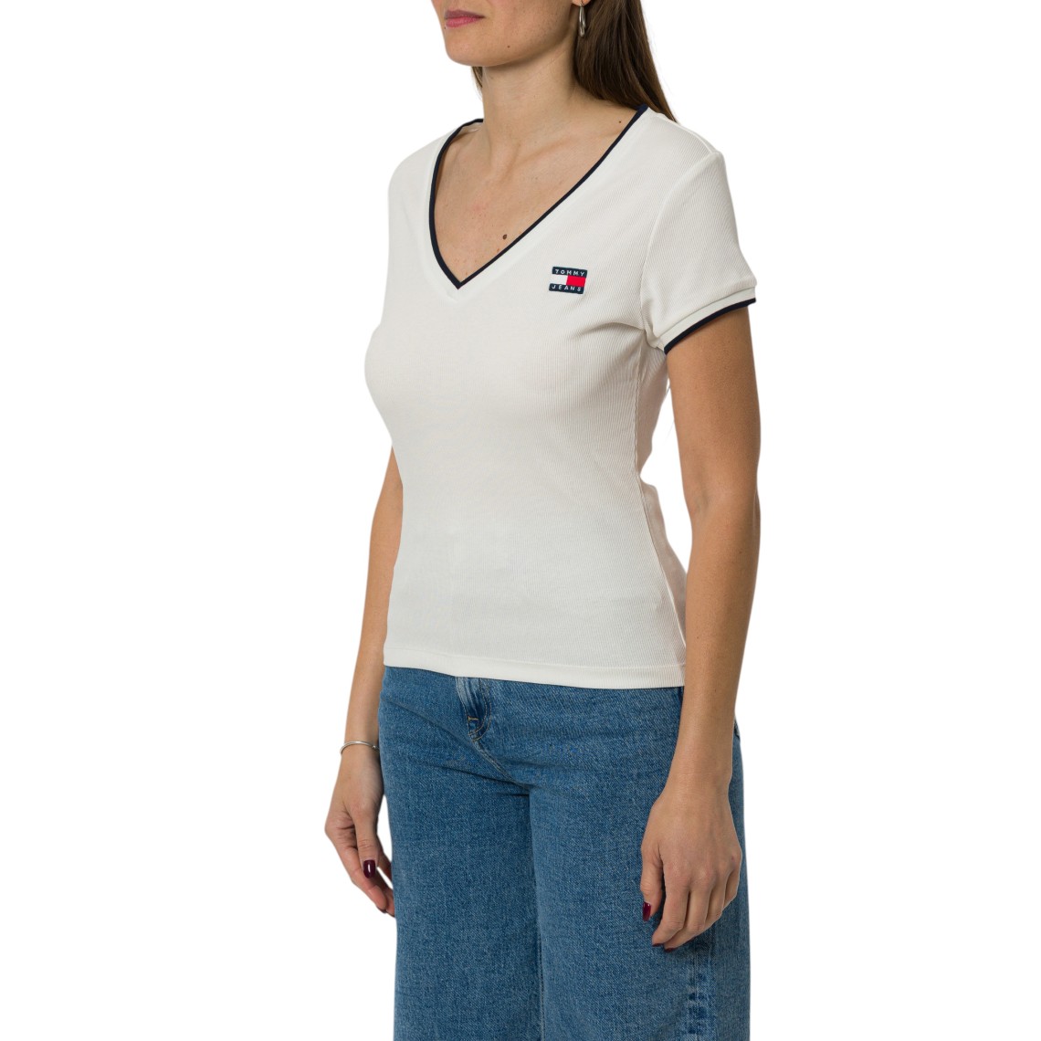 T-shirt a costine con scollo a V Tommy Jeans