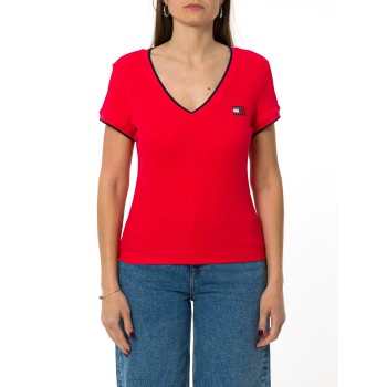 T-shirt a costine con scollo a V Tommy Jeans