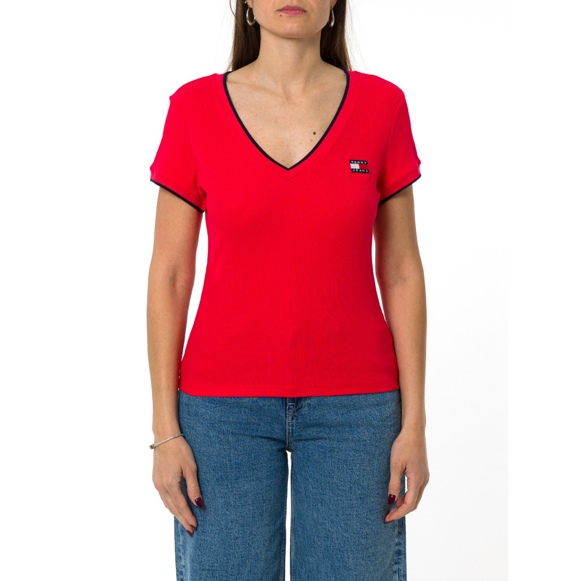 T-shirt a costine con scollo a V Tommy Jeans