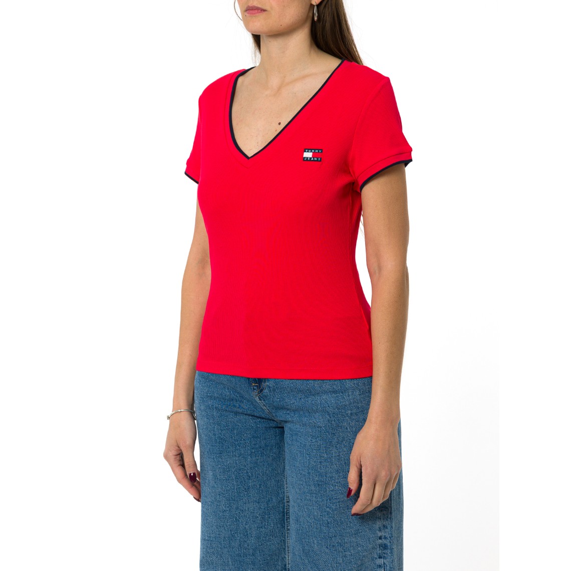 T-shirt a costine con scollo a V Tommy Jeans