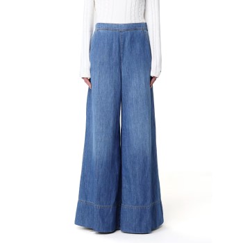 Pantaloni ampi in denim di misto lino Spiaggia Pinko