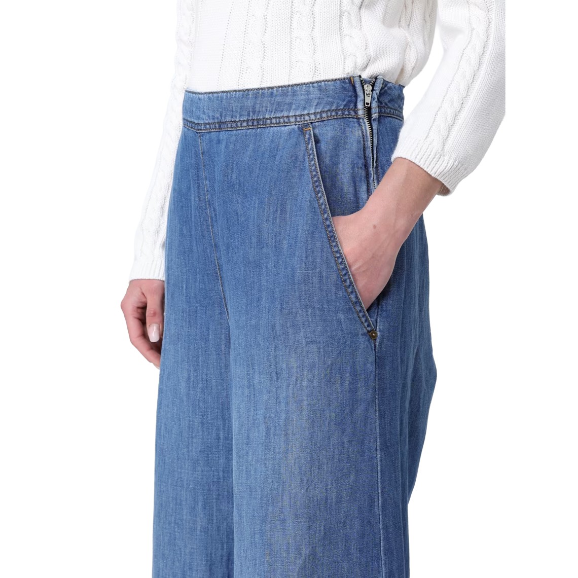 Pantaloni ampi in denim di misto lino Spiaggia Pinko