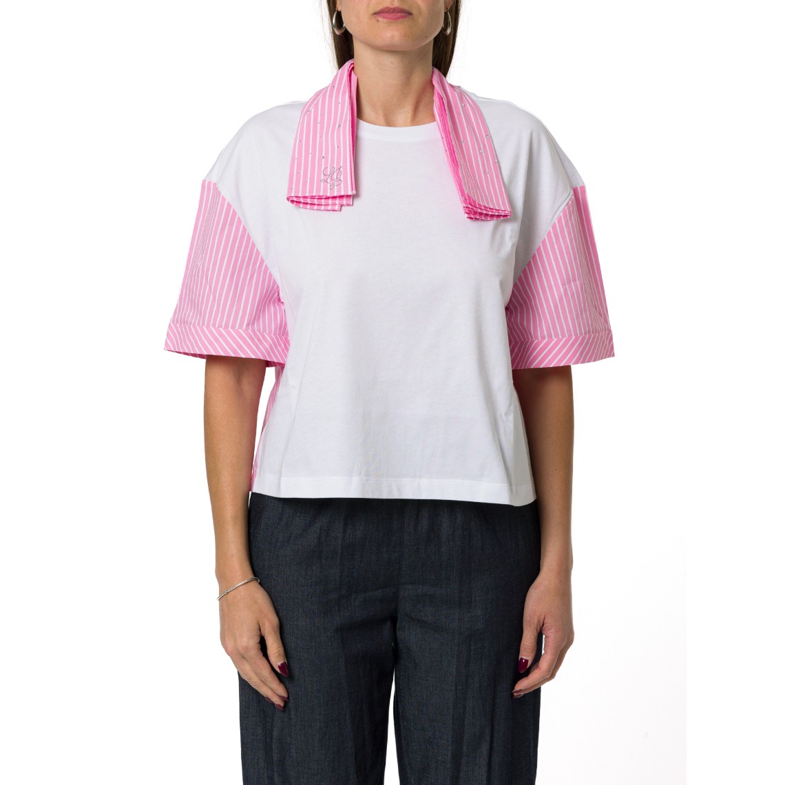 T-shirt in jersey di cotone con foulard Liu Jo