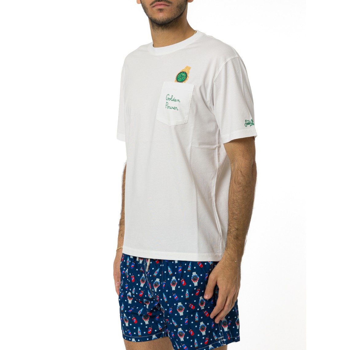T-shirt Austin bianca con orologio e ricamo Golden Power Mc2 Saint Barth
